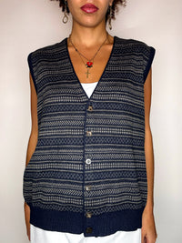 Vintage-Strickweste in Marineblau mit Karomuster, Größe L/XL