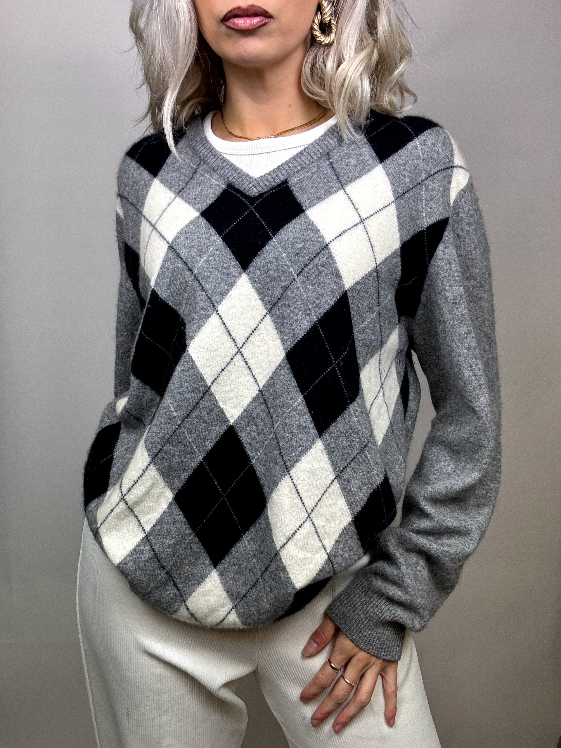 100% CASHMERE V-neck sweater with argyle pattern L Vintage