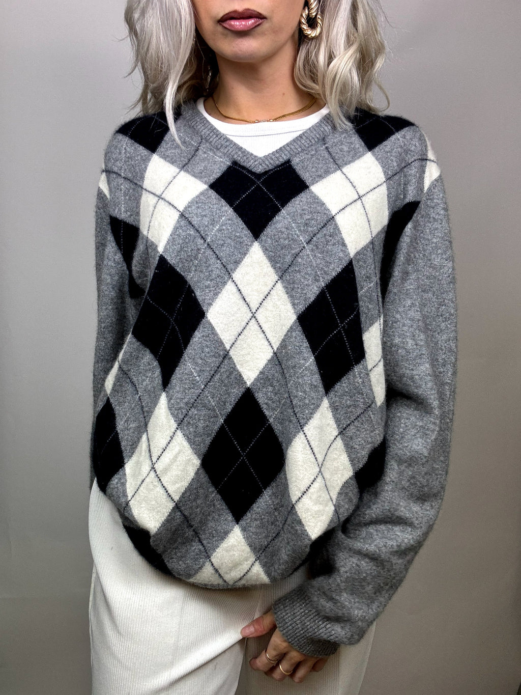 100% CASHMERE V-neck sweater with argyle pattern L Vintage