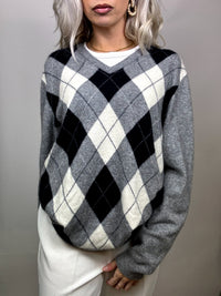 100% CASHMERE V-neck sweater with argyle pattern L Vintage