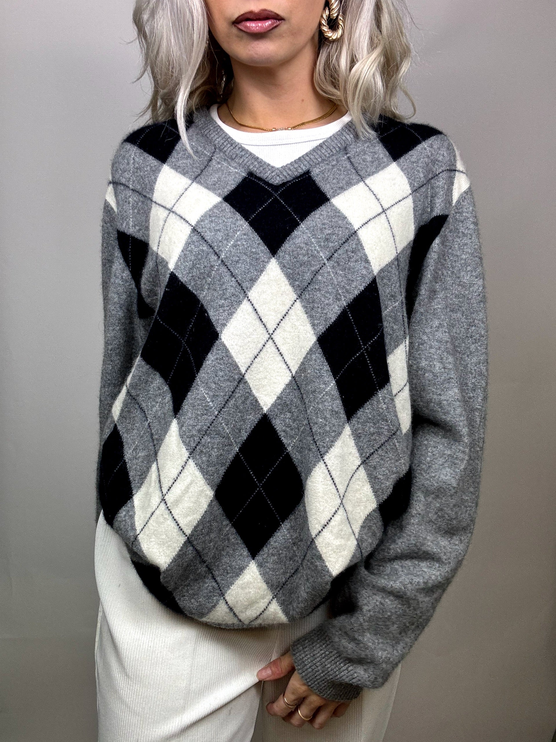 100% CASHMERE V-neck sweater with argyle pattern L Vintage