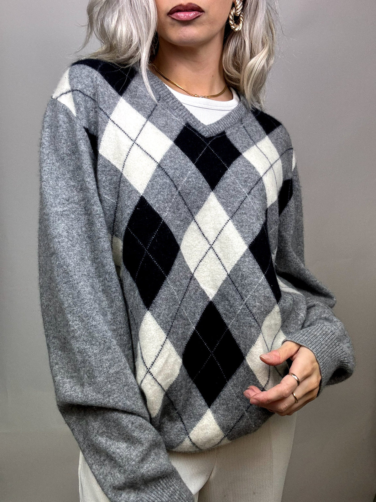 100% CASHMERE V-neck sweater with argyle pattern L Vintage
