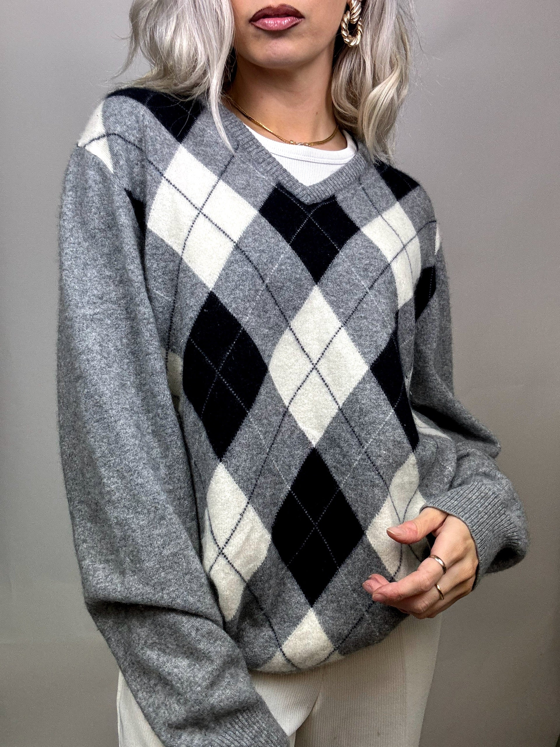 100% CASHMERE V-neck sweater with argyle pattern L Vintage