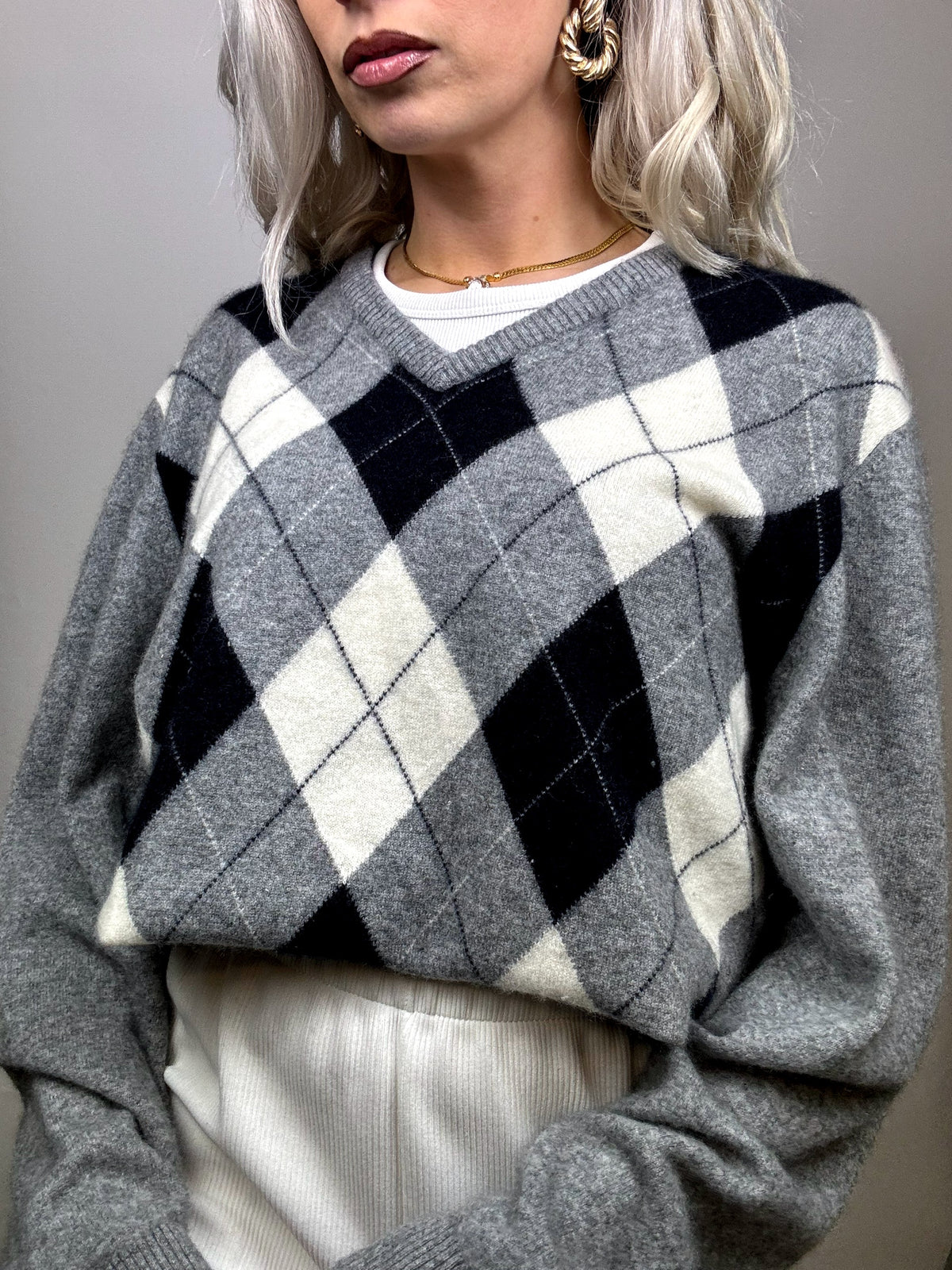 100% CASHMERE V-neck sweater with argyle pattern L Vintage