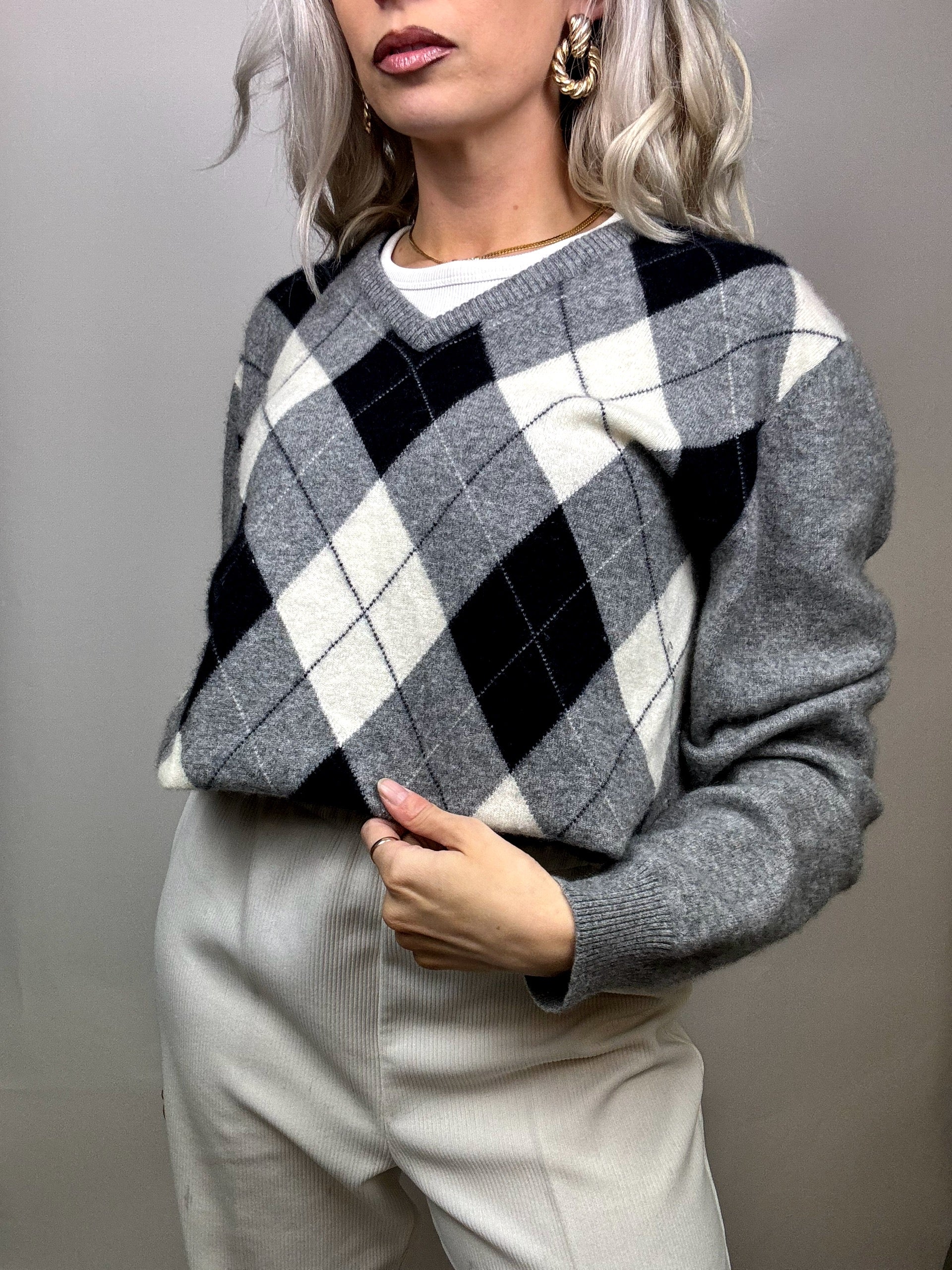 100% CASHMERE V-neck sweater with argyle pattern L Vintage