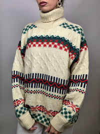 Beige wool turtleneck sweater L with vintage pattern