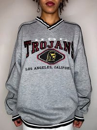 Sweat gris col V brodé NUTMEG XL vintage