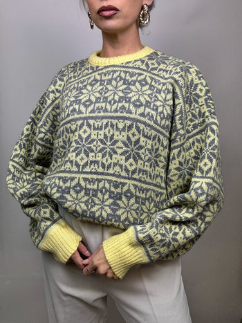 Pull jaune et gris L  à motif vintage