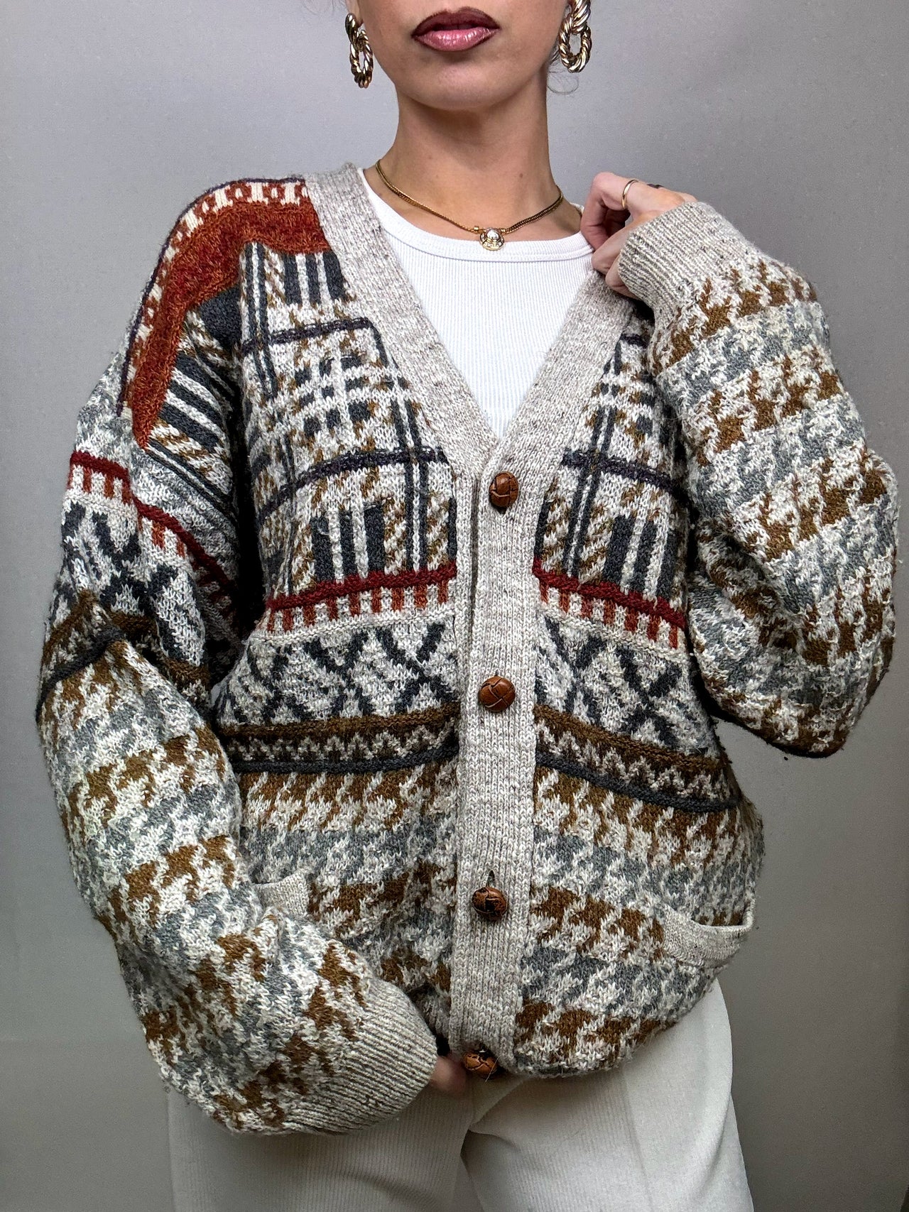 Cardigan à motif en laine L/XL Vintage