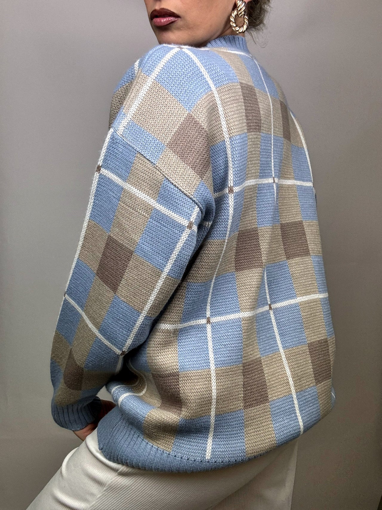 Pull bleu à carreaux L en maille Vintage