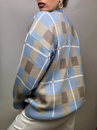 Vintage Knit Blue Checkered Sweater L