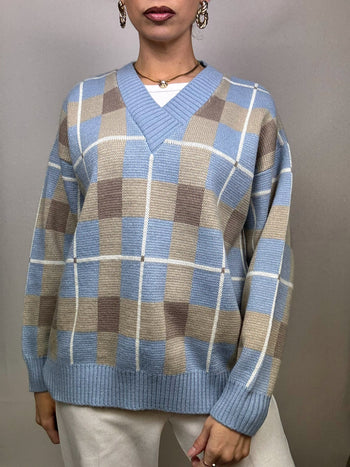 Pull bleu à carreaux L en maille Vintage