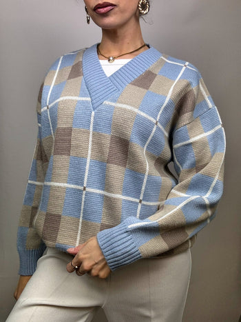 Pull bleu à carreaux L en maille Vintage