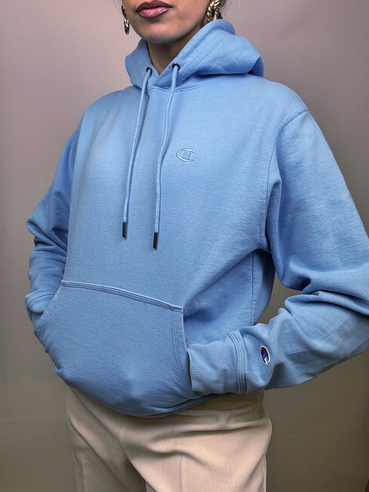 Sweat à capuche bleu ciel CHAMPION L Vintage