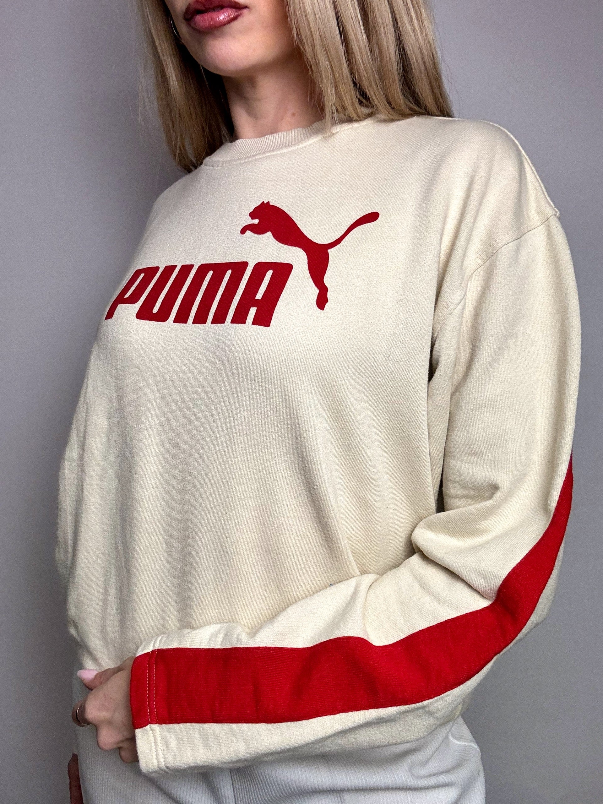 PUMA S Vintage Cream and Red Crew Neck Sweatshirt