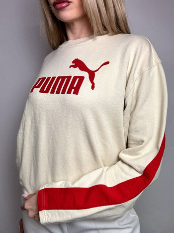 Sweat col rond crème et rouge PUMA S vintage