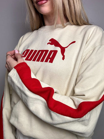 Sweat col rond crème et rouge PUMA S vintage