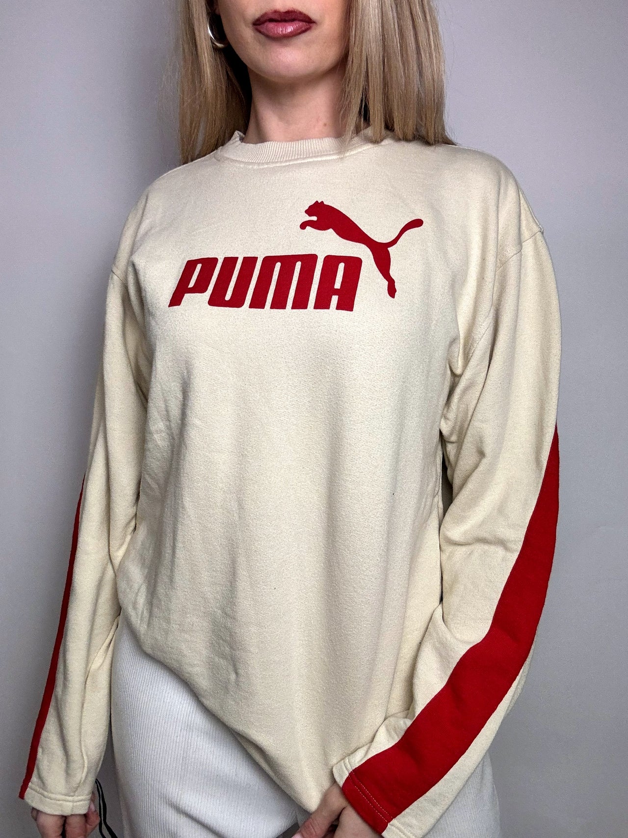 Sweat col rond crème et rouge PUMA S vintage