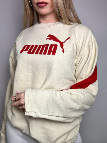 Sweat col rond crème et rouge PUMA S vintage