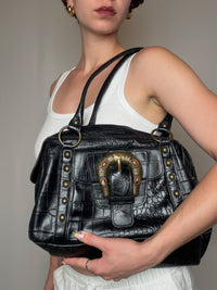 Vintage schwarze Ledertasche mit Schulterriemen