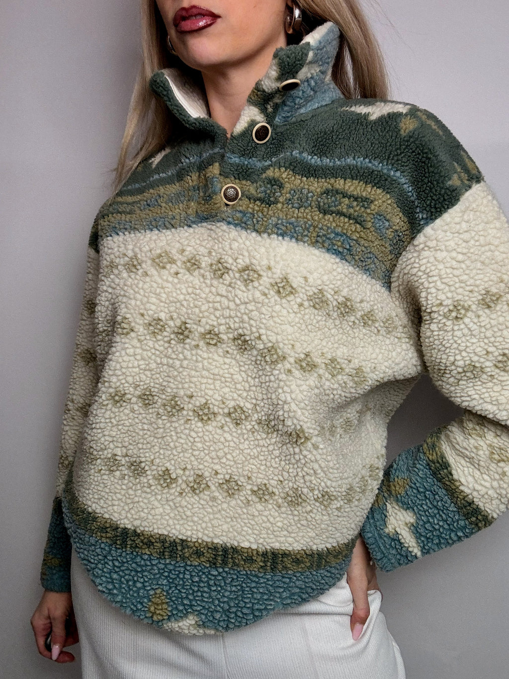 Vintage M beige and green graphic thick fleece
