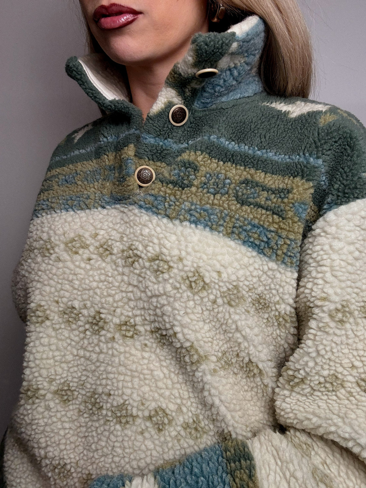 Vintage M beige and green graphic thick fleece