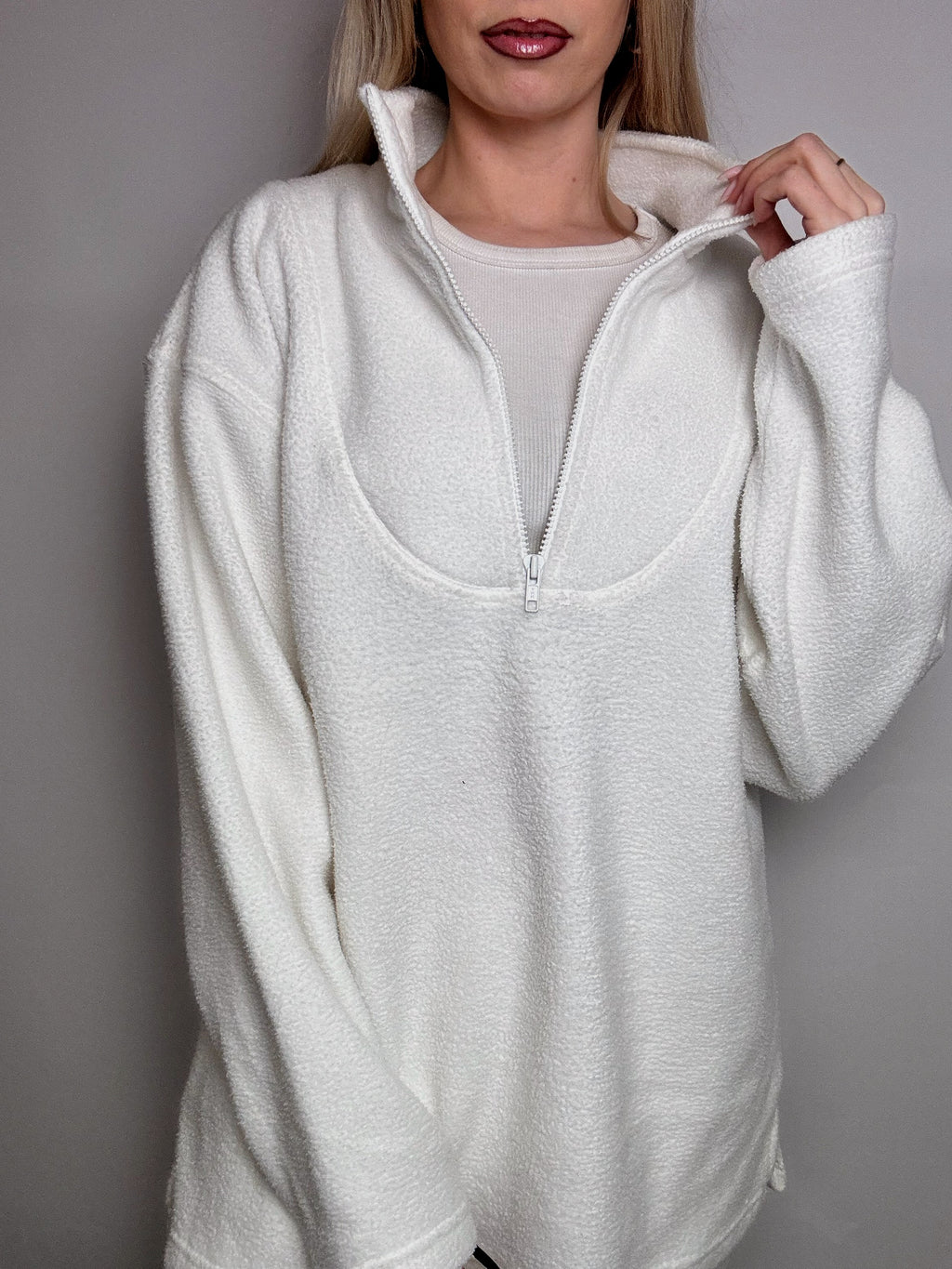 Vintage L weißes Fleece mit Reißverschluss am Hals