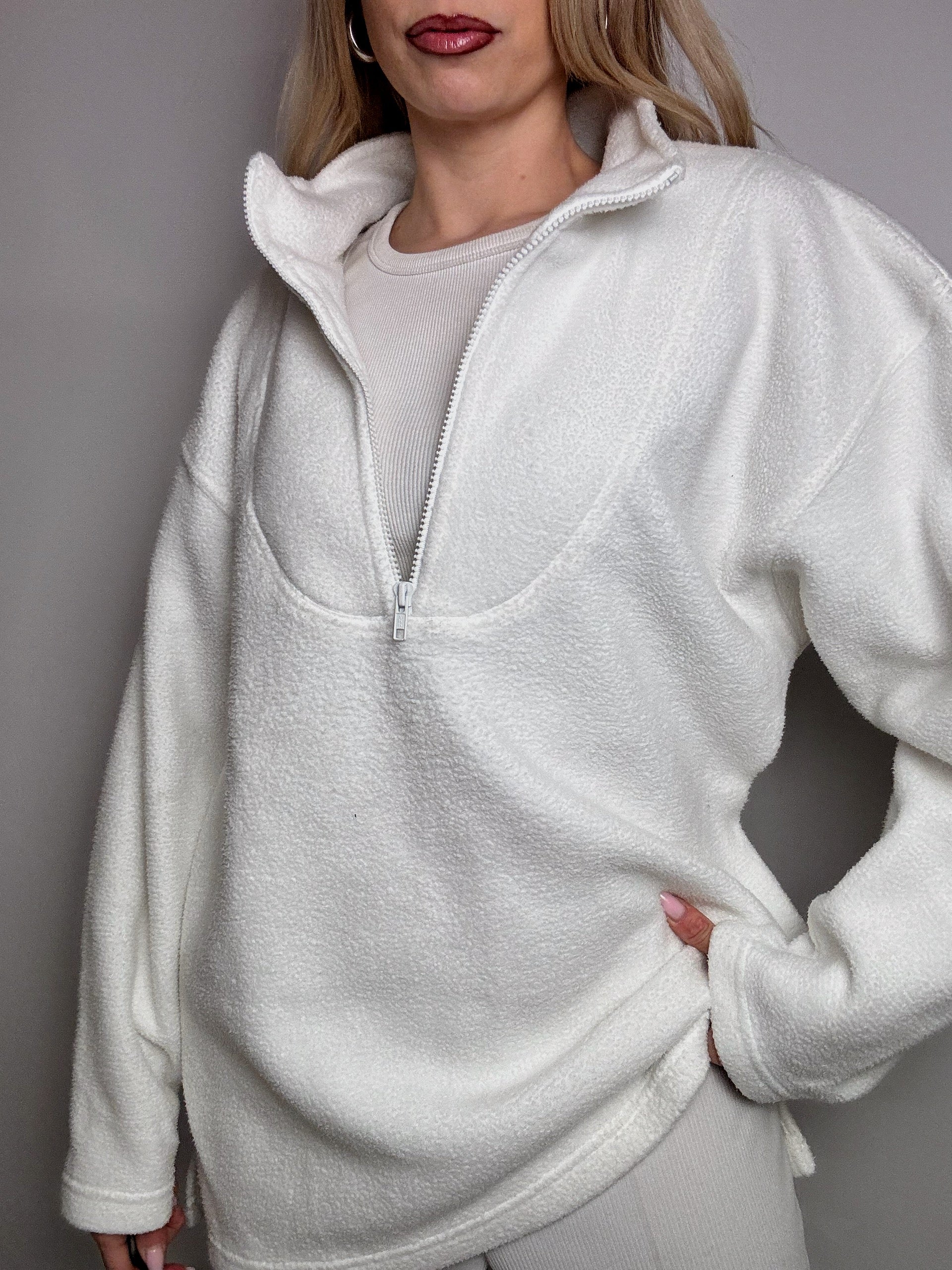 Vintage L weißes Fleece mit Reißverschluss am Hals