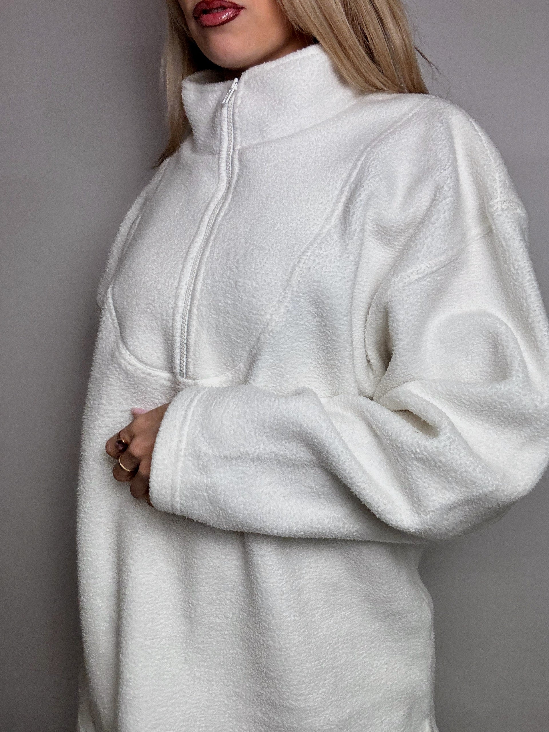 Vintage L weißes Fleece mit Reißverschluss am Hals
