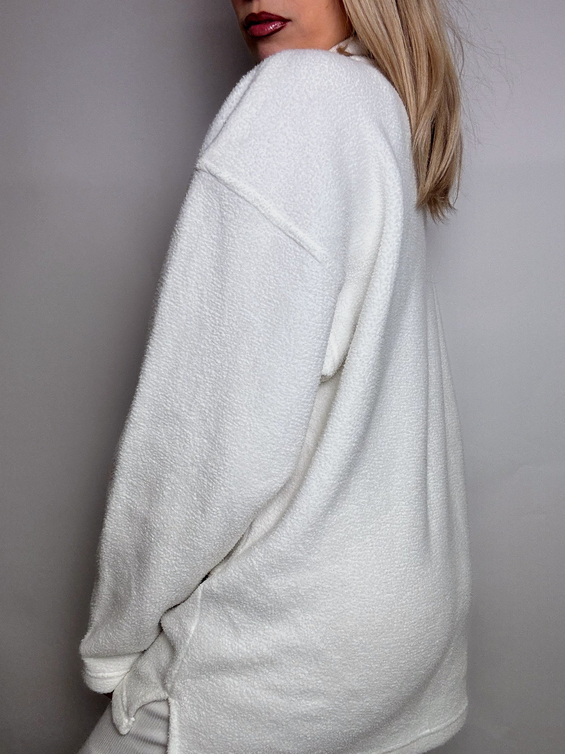 Vintage L weißes Fleece mit Reißverschluss am Hals