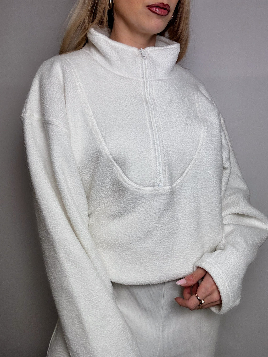 Vintage L weißes Fleece mit Reißverschluss am Hals
