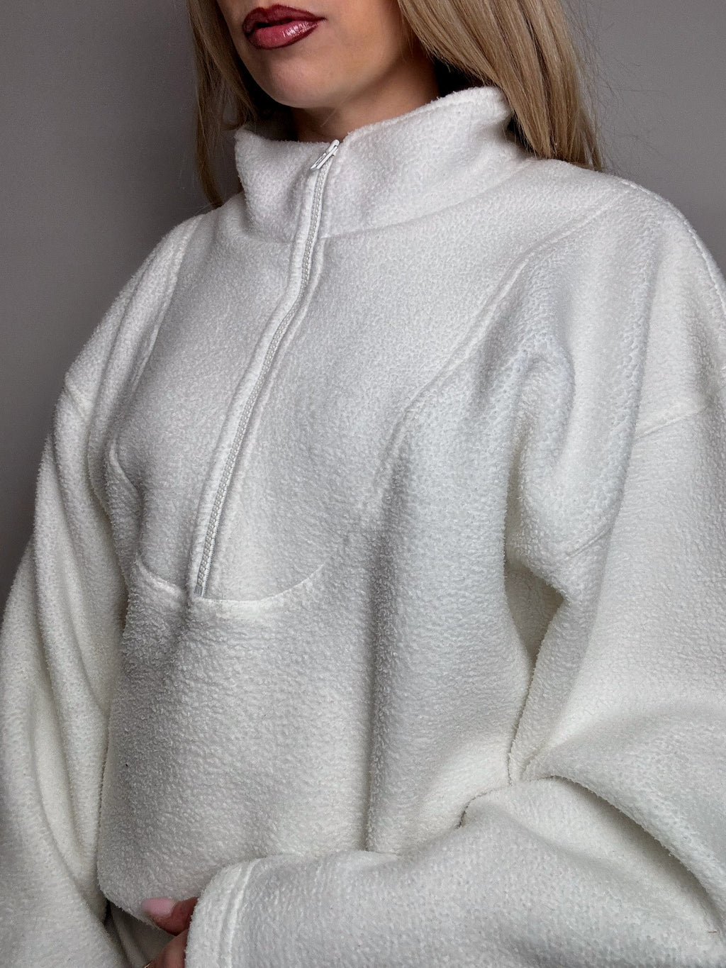Vintage L weißes Fleece mit Reißverschluss am Hals