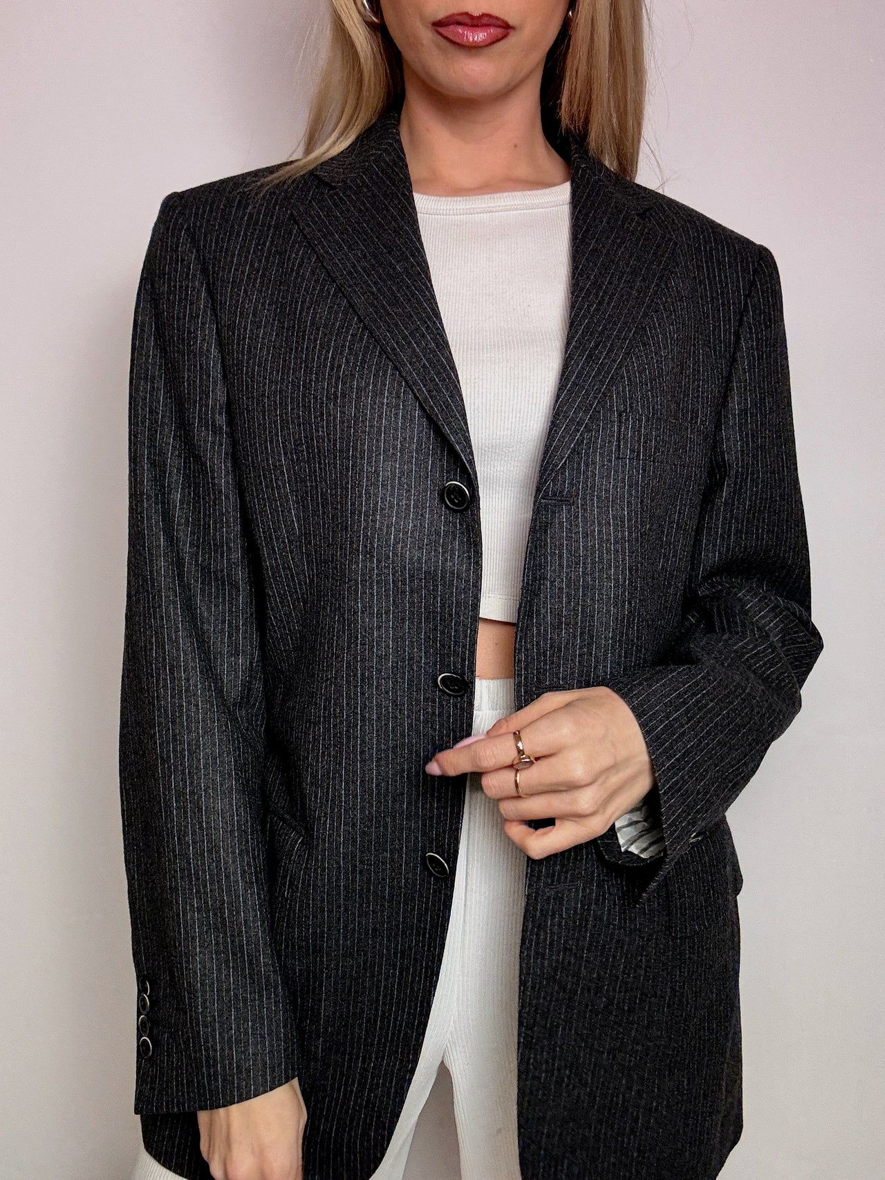 Blazer en laine noir rayé L vintage