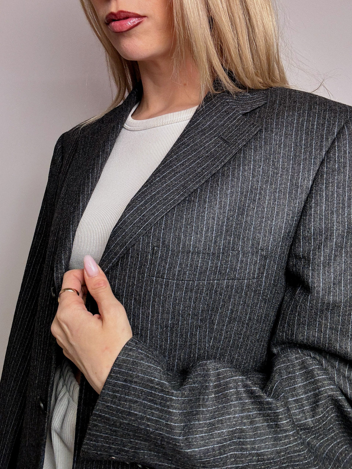 Blazer en laine noir rayé L vintage
