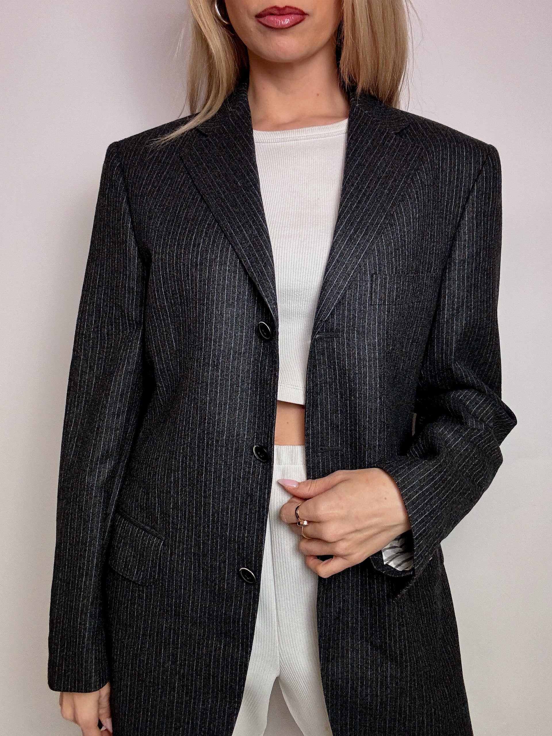 Blazer en laine noir rayé L vintage