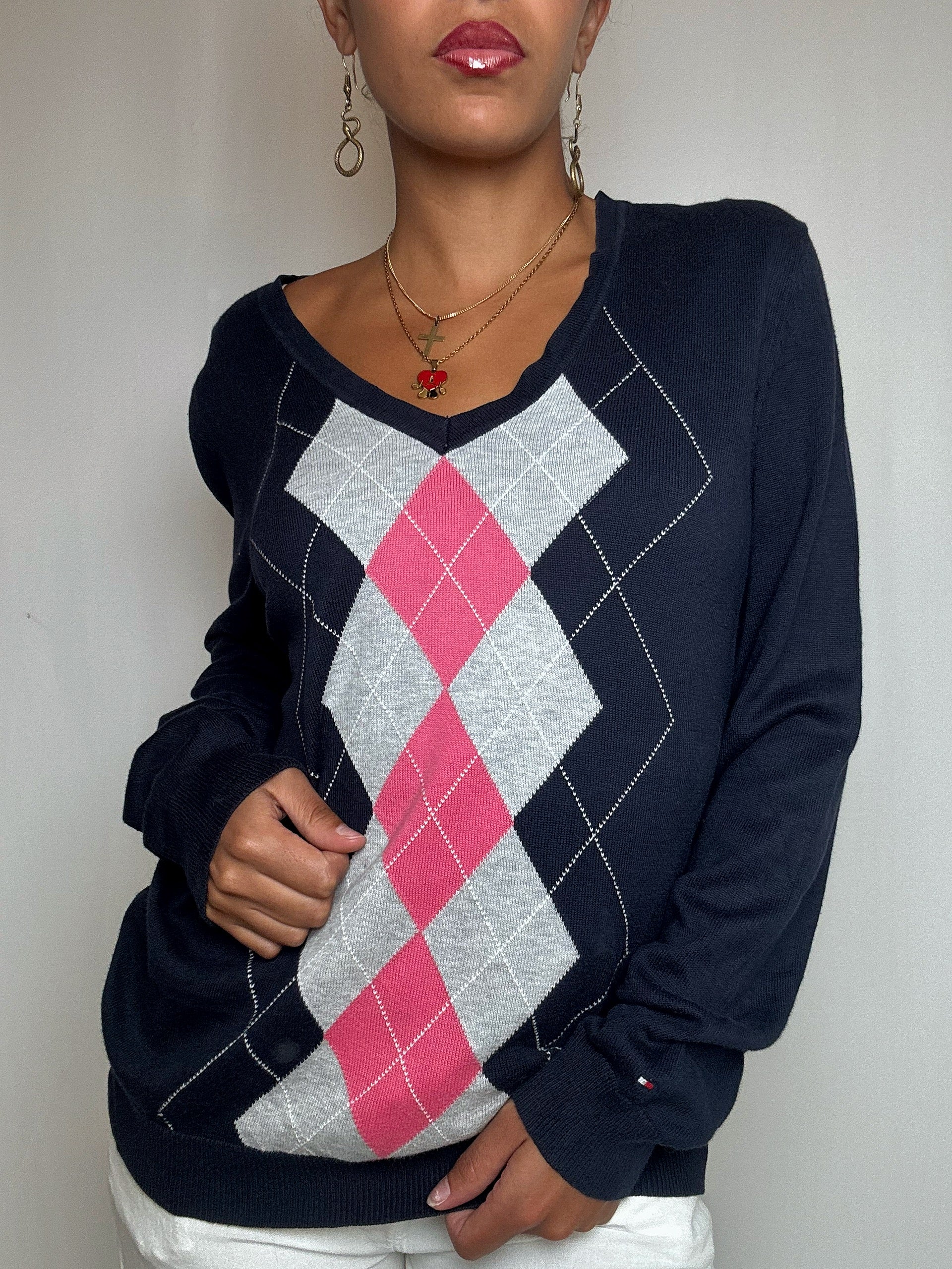 Pull bleu à losanges roses Tommy Hilfiger L vintage