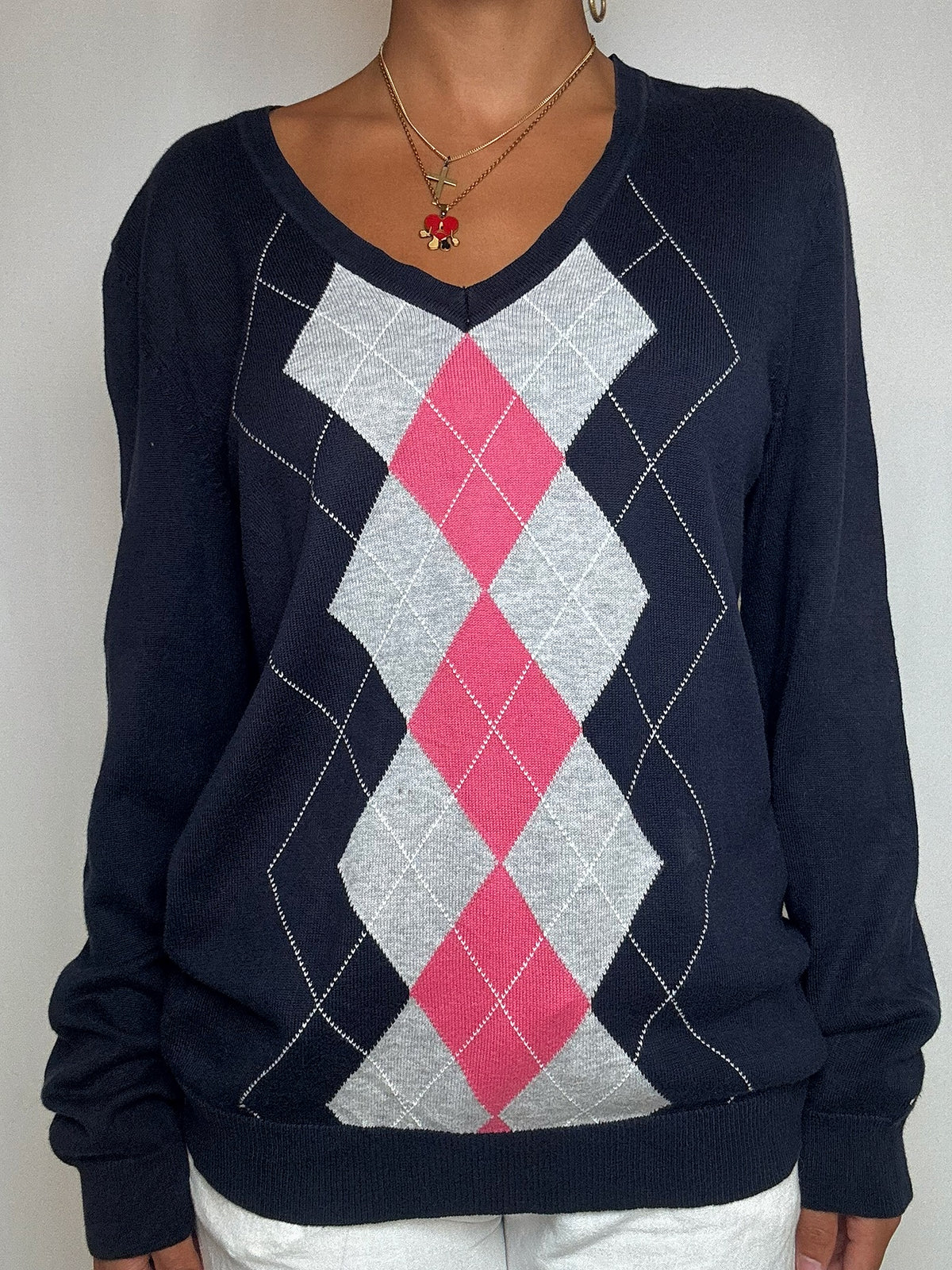 Pull bleu à losanges roses Tommy Hilfiger L vintage