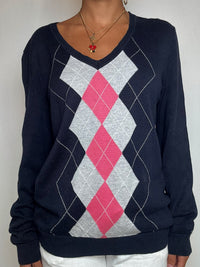 Pull bleu à losanges roses Tommy Hilfiger L vintage