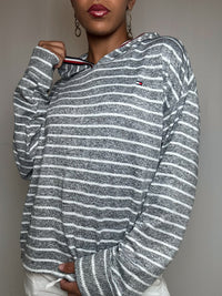 Pull à capuche gris rayé Tommy Hilfiger L vintage