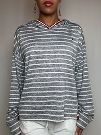 Pull à capuche gris rayé Tommy Hilfiger L vintage