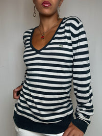 Pull col V rayé beige et vert Lacoste L vintage