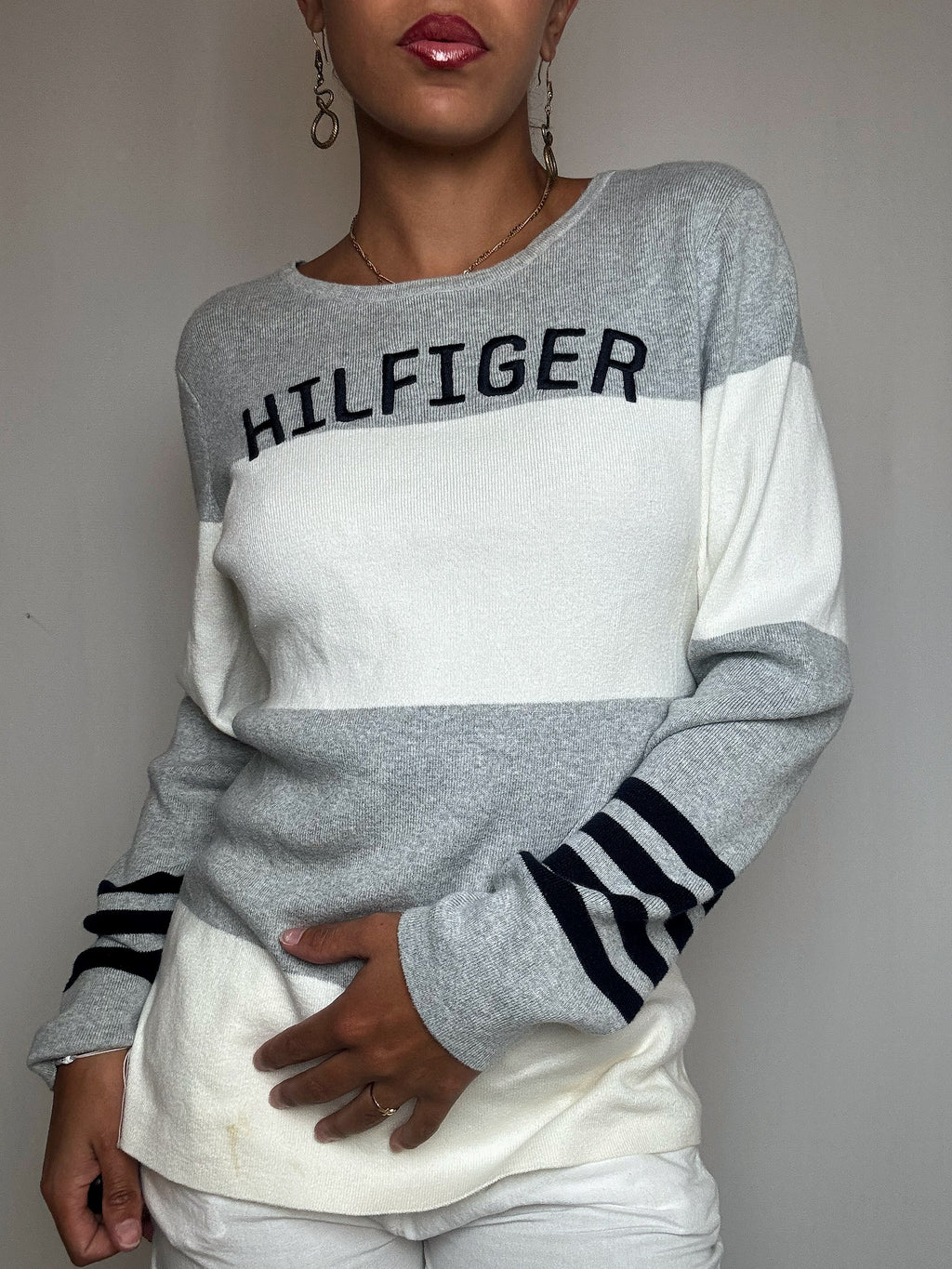 Pull gris & blanc Tommy Hilfiger XL vintage