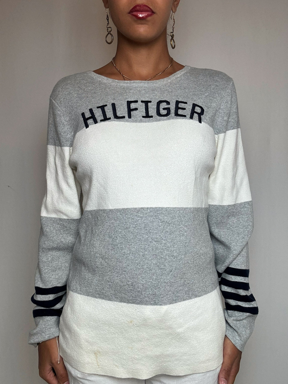 Pull gris & blanc Tommy Hilfiger XL vintage