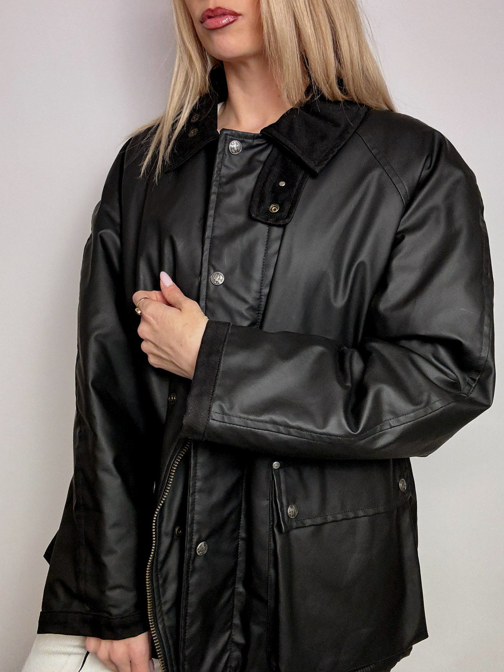 Vintage schwarze Wachsjacke L