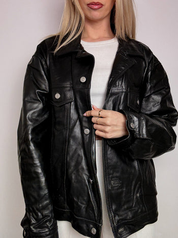 Veste en cuir noire droite XL vintage