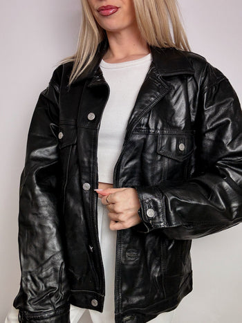 Veste en cuir noire droite XL vintage