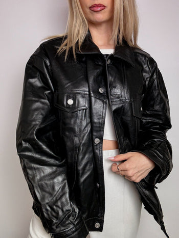 Veste en cuir noire droite XL vintage