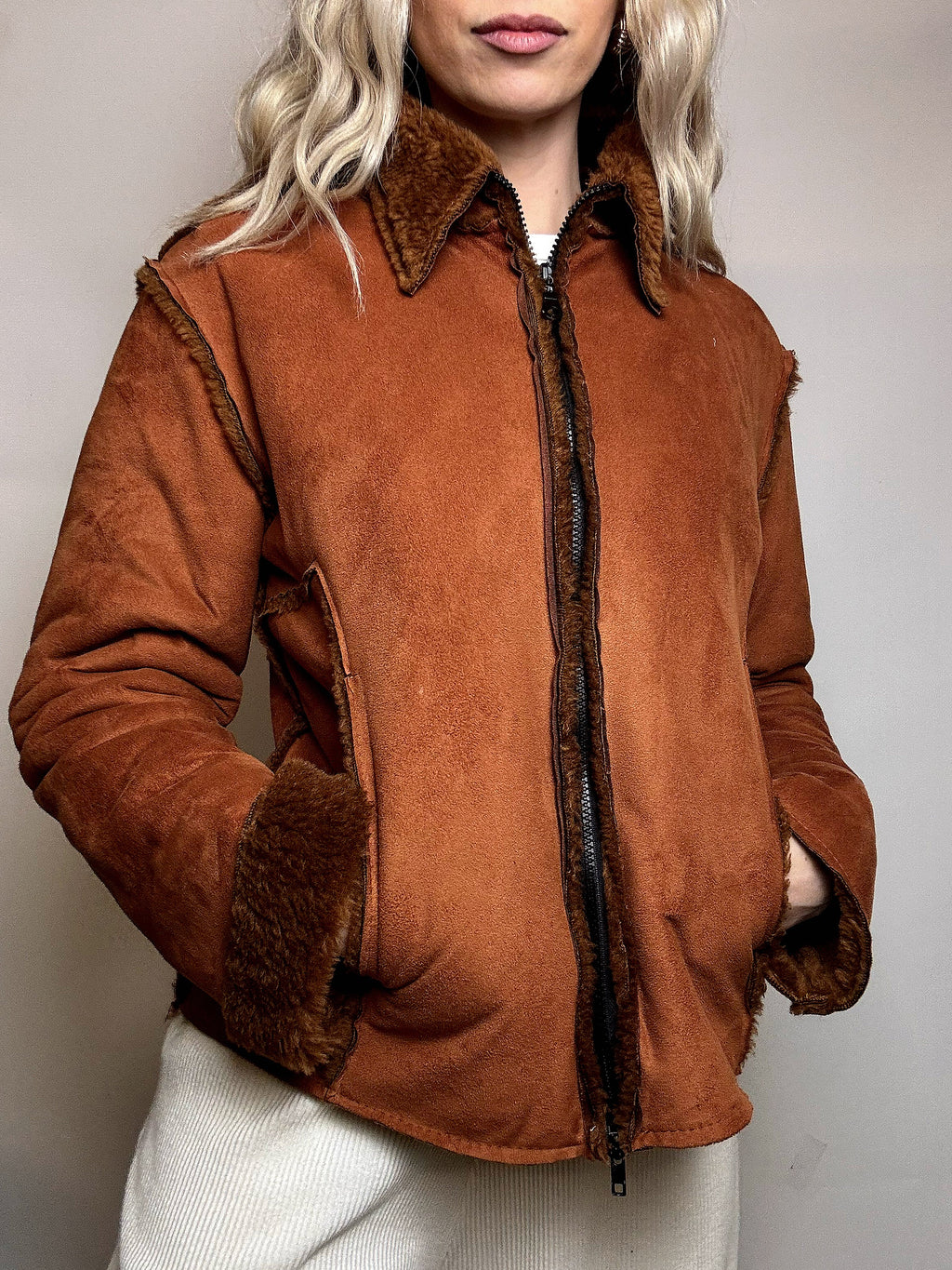 Vintage beige Kunstfell taillierte Jacke M/L