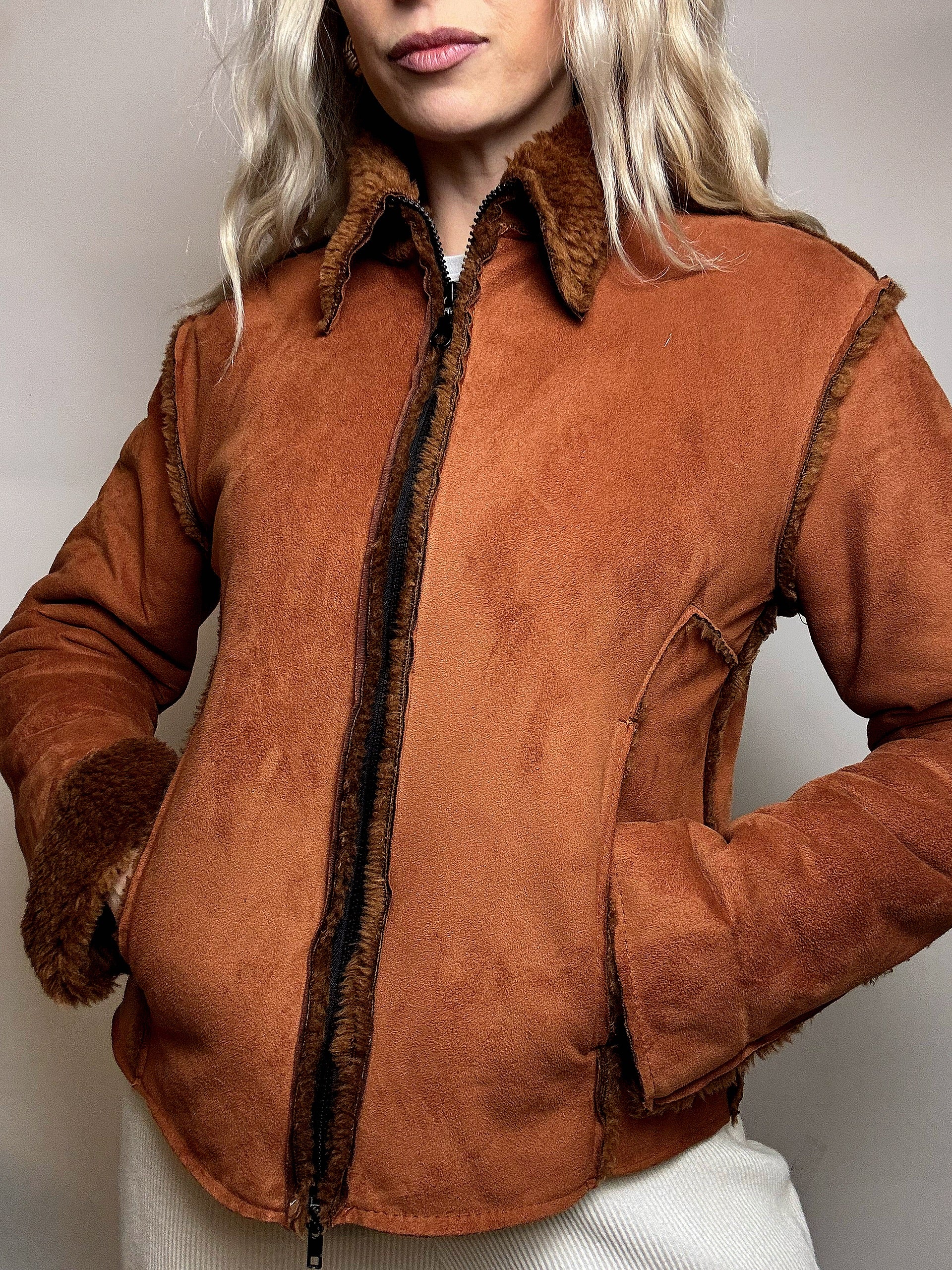 Vintage beige Kunstfell taillierte Jacke M/L