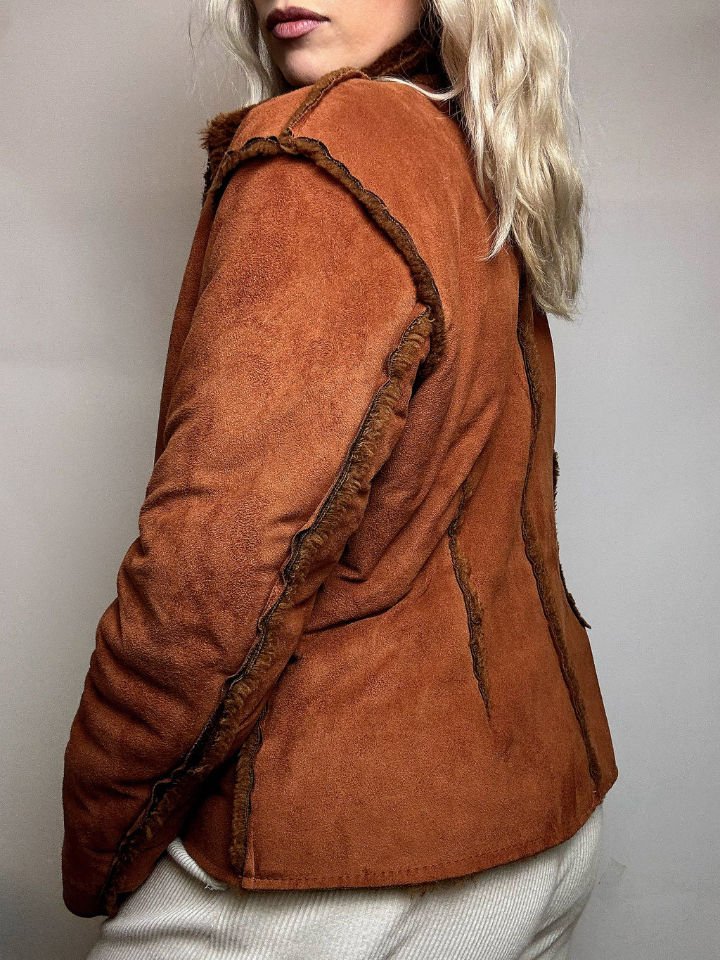 Vintage beige Kunstfell taillierte Jacke M/L